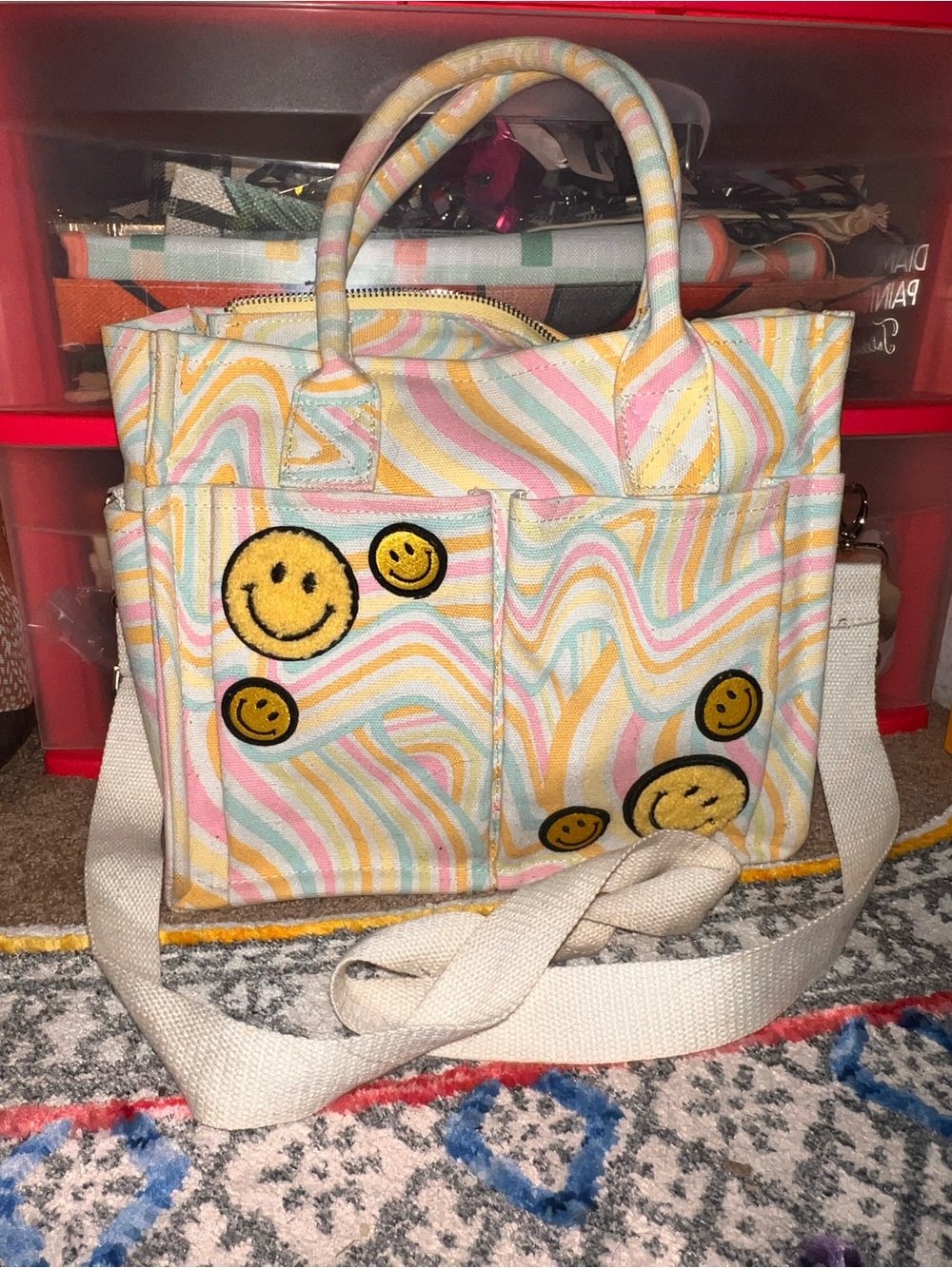 No Boundaries Pastel Swirl Canvas Shoulder Bag with Smile Patches